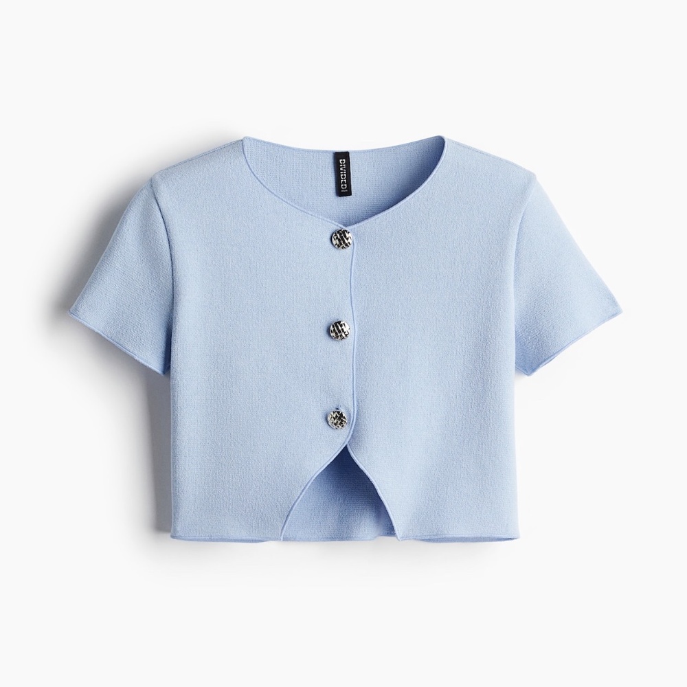 NWT H&M Divided Short Sleeve Jersey Cardigan Sweater Light Blue Silver Womens XS